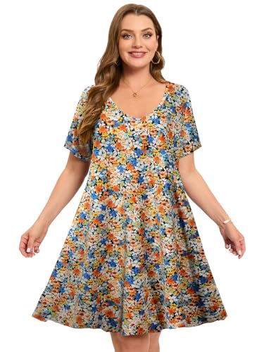 Image of ZENNILO Women's Plus Size Swing Dress with Pockets Casual Summer Dresses V Neck Short Sleeve T Shirt Dress for Women