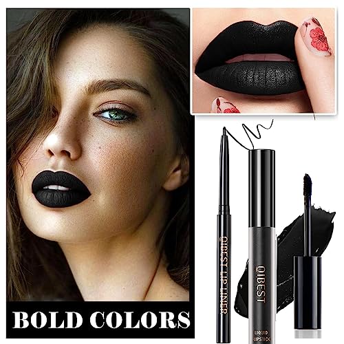 Pakivs 3 Stück Schwarz Matt Flüssiger Lippenstift,Lipliner,Lipgloss Trio Lippen Set Lang Anhaltende Wasserdichte Feuchtigkeitsspendende,Samtige Lippenstifte für Frauen