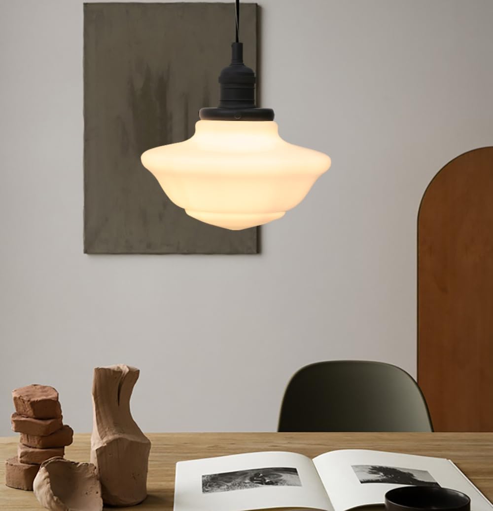 Pathson Modern Pendant Light with Milk White Glass, Vintage Ceiling Pendant Lighting Adjustable Textile Cord, Frosted Ceiling Fixture Lamp for Living Room Bedroom Kitchen Dining Room