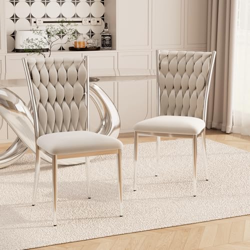 WCFI Velvet Dining Chairs Set of 2, Modern Woven Kitchen Chairs with Silver Metal Legs, Upholstered Cushion with High Back, Dirt Resistance, Easy to Install, for Living Room, Dining Room - Light Grey
