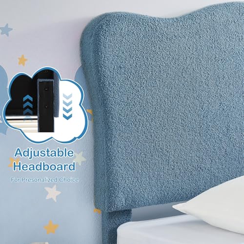 Image of GarveeHome Upholstered Twin Size Bed Frame for Kids with Scallop Headboard, Cute Velvet Twin Bed for Girls, Boys, Sturdy Platform Bed, No Box Spring Needed, Wooden Slats, Noise Free, Dark Blue