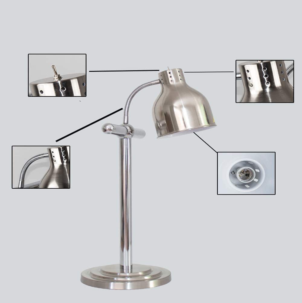 Heat Lamp Food Warmer Portable Food Holding lamp， Buffet Display Warm Light,Commercial Portable Heating Lamps for Hotels, Kitchens and cafeterias Single Head, Stainless Steel, rotatable Hose Marble Ba