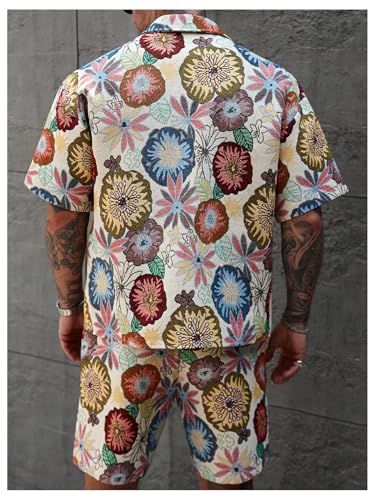 Men's 2 Piece Outfit Short Sets Vintage Floral Embroidery Button Down Shirts and Drawstring Shorts Vacation Set2