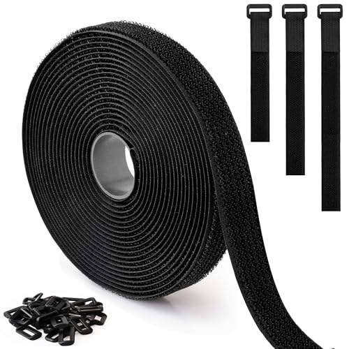 5m x 2cm Adjustable Cable Strap with 25 Buckles - Hook and Loop Cable Ties, Cut-to-Length Roll Securing Strap for Wire Management, Cable Tidy, Cord Organisation & Home Office Storage (Black)
