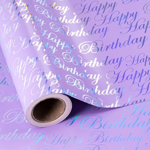 RUSPEPA Reversible Birthday Wrapping Paper - Mini Roll - 43.2cm x 3m - Purple and Silver Foil Happy Birthday Lettering Design