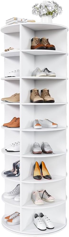 8 Tier Rotating Shoe Rack Tower, 360° Spinning Shoe Organizer for 32 Pairs, Vertical Display Lazy Susan Shoe Storage Cabinet for Closet, Entryway & Bedroom, White