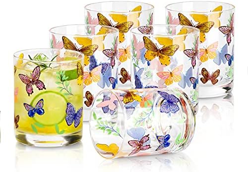 Floral Double Old Fashioned Glass Set of 6 (DOF) Drinking Glasses 13.5oz Made From Premium Borosilicate Lowball Glass Whiskey Tumbler, for daily use,Whiskey,Juice,Cocktails,Beer&Mixed Drinkware…