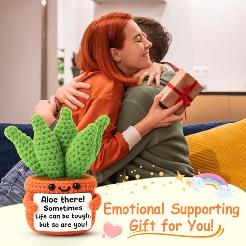 Image of GiftMark Positive Crochet Aloe Plant Gift for Women, Handmade Encouragement Desk Decor with Inspirational Message Card, Cute Knitted Plant Gift for Friend Coworker Daughter Teacher Nurse