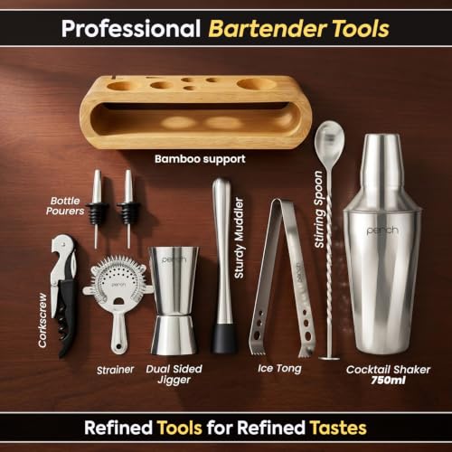 Image of O' Holic by Perch Cocktail Shaker Gift Set|10-Piece Stainless Steel Bartender Kit with Mango Wooden Stand|Accessories for Home Bar|Gift Box for Winters, Birthday, Wedding,Anniversary,Christmas |Silver