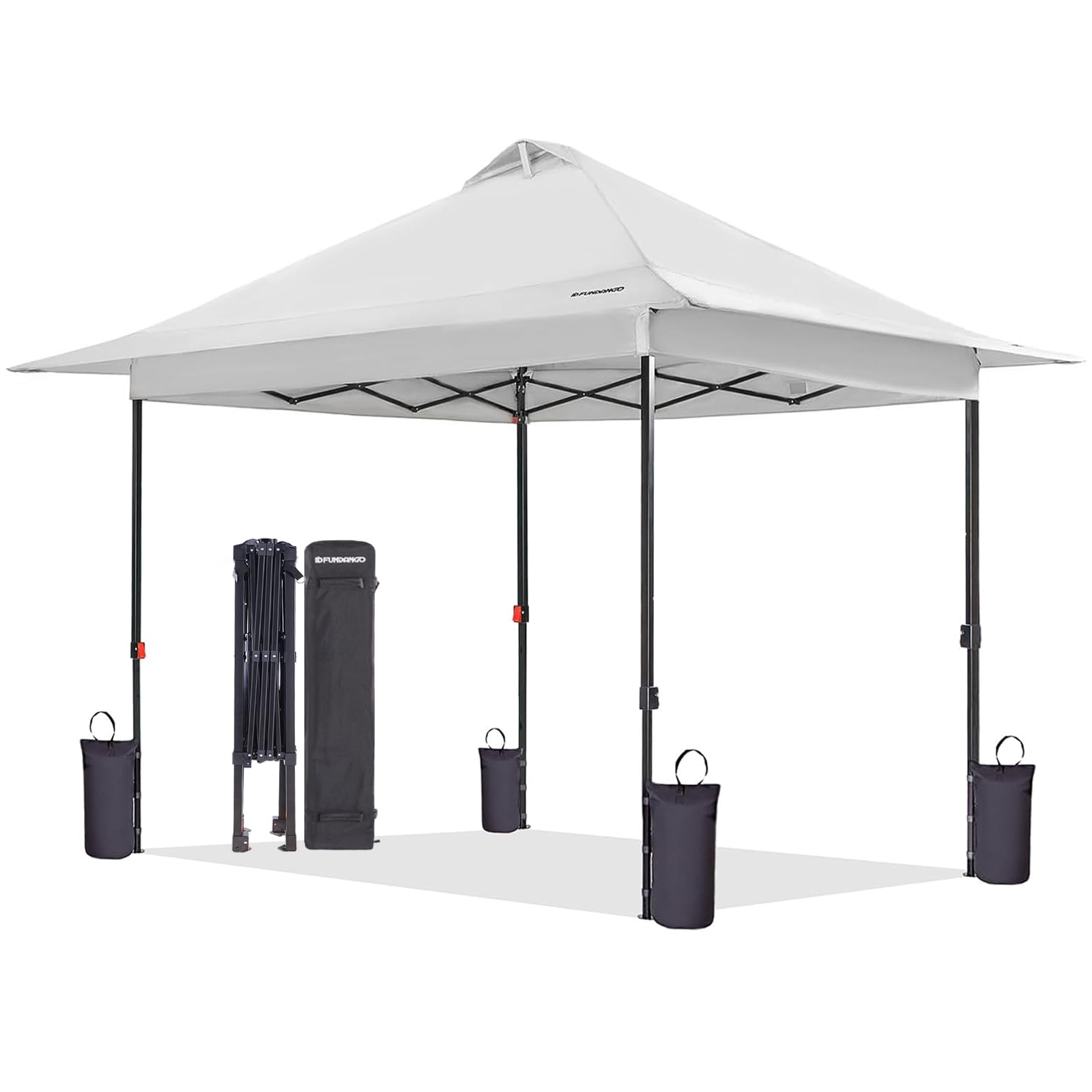 FUNDANGO 10x10 Pop Up Canopy, Beach Tent with Patent Quick Open Frame & Wheeled Carry Bag & 8 Stakes 4 Ropes 4 Weight Bags Instant Outdoor Canopy One Person Setup, White