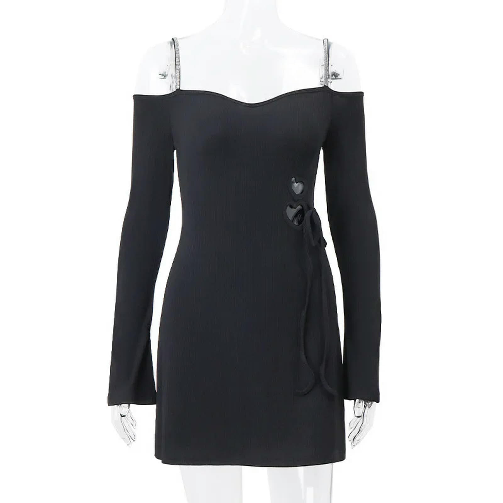 Vestito Estivo da Donna con Cinturino sul Petto, Maniche Lunghe, Nero, alla Moda, Traforato, Casual, da Festa, Nero, S