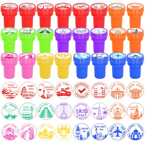 Cinrobiye 24 Pcs Adventure Travel Stampers Party Favor Set, Fun Bon Voyage Travel Stamps for Kids Birthday Party, Classroom Rewards, Carnival Prizes, Goody Bag Fillers, Travel Themed Party Supplies