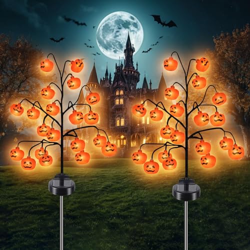 Halloween Lampe Solaire Exterieure, 2 Pièces 20LED Lumières de Citrouille, Décorations de Citrouille d'halloween, Étanches Lumières Halloween Décoration pour Extérieur, Jardin, Terrasse, Chemins
