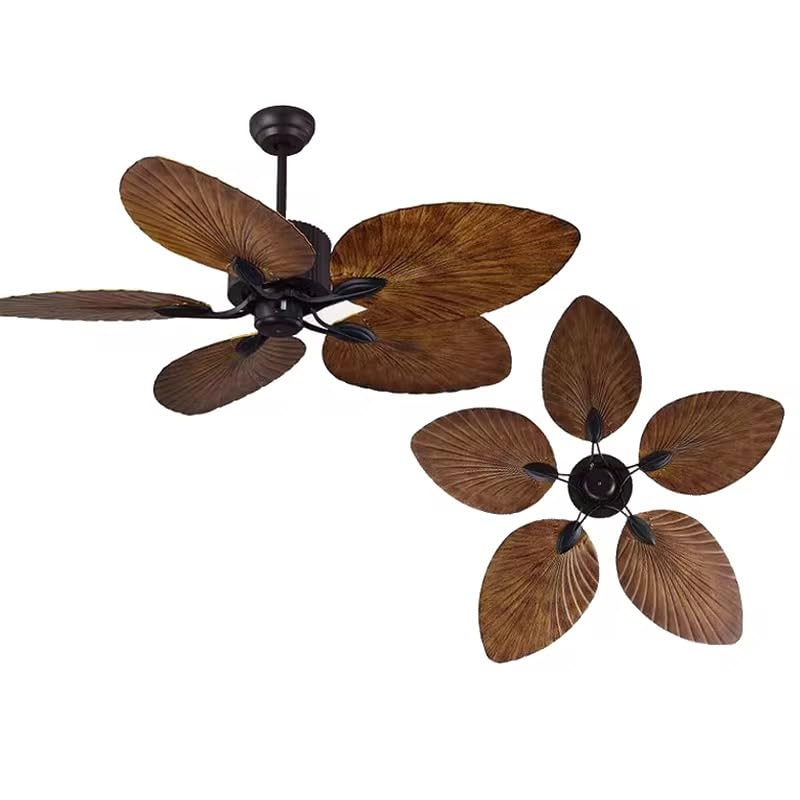 Image of Tropical Palm Leaf Ceiling Fan, 52-Inch, Bronze with Wooden Brown Blades, Indoor Decor, Remote Control Decorative Ceiling Fan|Casablanca