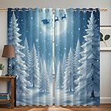 Verdunkelungsvorhänge, Motiv: Tannenbäume, Winter, festliche Schneeflocken, Weihnachtsmann, Schlitten, Weihnachten, blau, maschinenwaschbar, Sichtschutzvorhänge für Wohnung, Wohnzimmer, Schlafzimmer