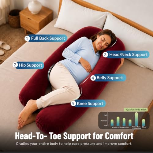 Image of Amazon Basics Full Body Pregnancy Pillow for Maternity,Baby Nursing,Full Body Support-Abdomen,Hip,Spine,Neck&Leg Support Cushion| Perfect Baby Shower Gift | U-Shaped-Washable Cover with Zip - Maroon