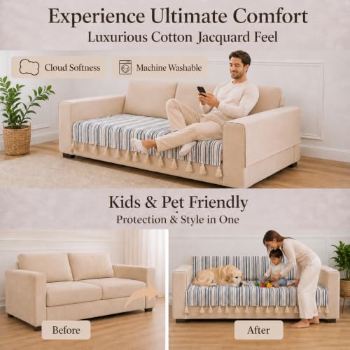 Image of STITCHNEST 'Nomad Weave Collection' 3 Seater Sofa Cover| Elegant Jacquard Fabric, Decorative Tassels, Washable & Durable for Modern Living13
