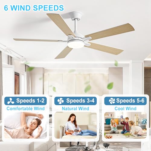 Image of Depuley 52-inch Ceiling Fan with Light: White Ceiling Fan for Living Room Indoor Outdoor - Modern Ceiling Fan with Remote Control 3CCT Dimmable Noiseless 5 Reversible Wood Blades 6 Speeds
