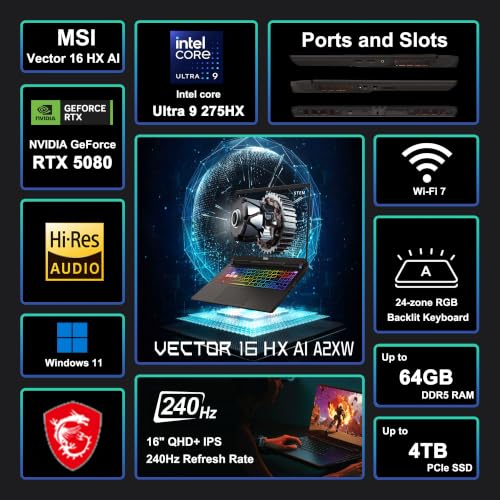 Image of msi Vector 16 HX AI Gaming Laptop 16 inch QHD+ (2560x1600) 240Hz 100% DCI-P3 Intel 24-core Ultra 9 275HX (>i9-14900HX) 32GB RAM 1TB SSD GeForce RTX 5080 16GB (Up 1334 AI Tops) RGB Backlit Win11 ICP Hub