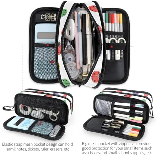 Image of Fustylead Colorful Hand Draw Cute Ladybugs Pencil Pen Case Stationery Bag 3 Compartments School College Office Organizer Cosmetics Bag
