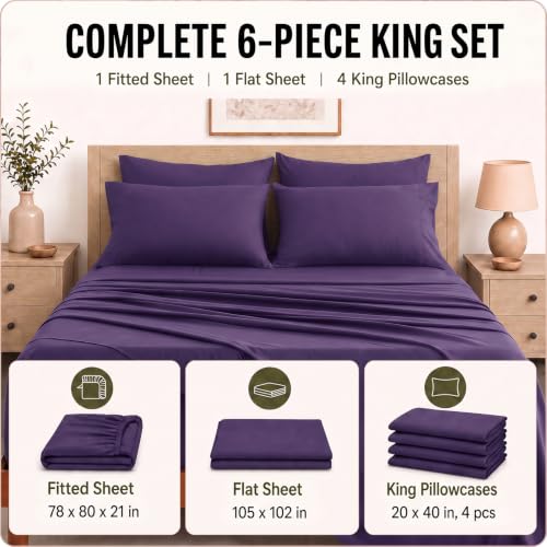 Image of CozyLux 6-Piece King Size Sheet Set, Fits 18-21 Inch Mattresses, Oeko-TEX | 4 Pillowcases, 1 Flat Sheet and 1 Fitted Sheet with All-Around Elastic and 21-Inch Deep Pocket for a Secure Fit, Purple