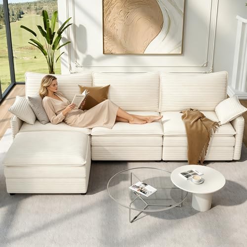 Image of Vesgantti 108 inch Modular Cloud Couch, Deep Seat Sectional Sofa with Ottoman & Throw Pillow, Comfy Corduroy L Shaped Modular Sofa Set, Sectional Couches for Living Room, Bedroom and Apartment, Beige
