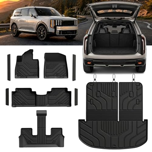 SSESS TPE Floor Mats Set for Kia Telluride 2027 7/8-Seat All Weather TPE Custom Fit Floor Liners & Cargo Liner & Backrest Mats (Not for Hybrid) Car Floor Mats Accessorie Black
