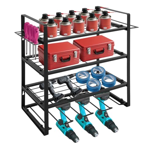 Power Tool Organizer Wall Mount, 4 Layers Garage Metal Tool Organizer, 132.28Lbs Loading Capacity Tools Holder with Hooks, Heavy Duty Storage Rack for Garage, Workshop, Tool Room, Repair Shop