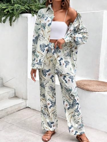 Image of Gufrina Women's Polyester Co-Ord Set with Button-Up Top & Wide Leg Pant 3 /4th Sleeves Collar Neck Printed Pattern Regular Fit and Standard Length