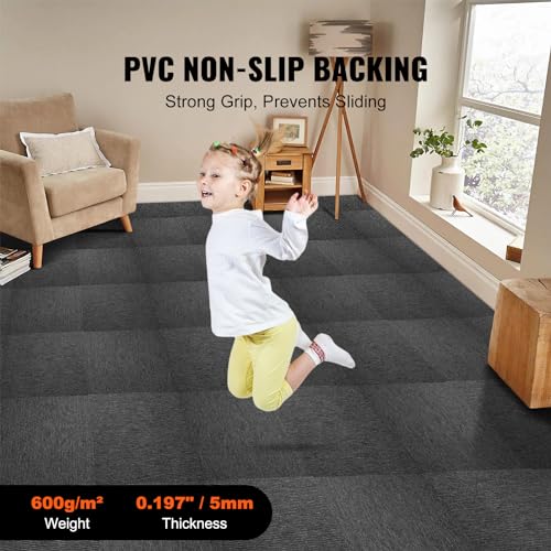 Image of VEVOR Carpet Tiles Reusable, 20 inchx 20 inch Carpet Squares with Padding Attached, Soft Padded Carpet Tiles, Easy Install DIY for Bedroom Living Room Indoor Outdoor (20 Tiles, Dark Gray), (55.5 sqft /Box)