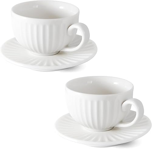 Miniatura 12 de Juego de 2 tazas de espresso blancas de 2 oz, tazas de capuchino de cerámica con platillos, juego de té de porcelana duradero y colección moderna de