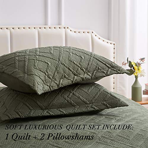 Sunstyle Home 3 Pieces Quilt Set King Size 106X96 Inch Quilted Coverlet With 2 Pillow Shams, Ultra Soft Lightweight Luxurious Microfiber Bedspread Coverlet For All Season,Olive Green-Square,King #TOP4