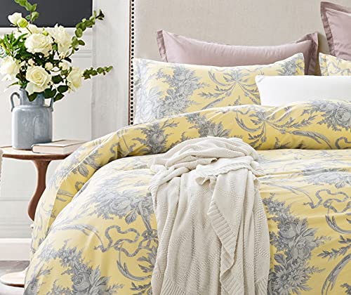 Get Bed Ready Toile De Jouy Victorian Damask Luxury Duvet Cover French Country Bedding Set Cotton Vintage Botanical Garden Bohemian Pattern Farmhouse Decor (Super King, Yellow Gray) #TOP2