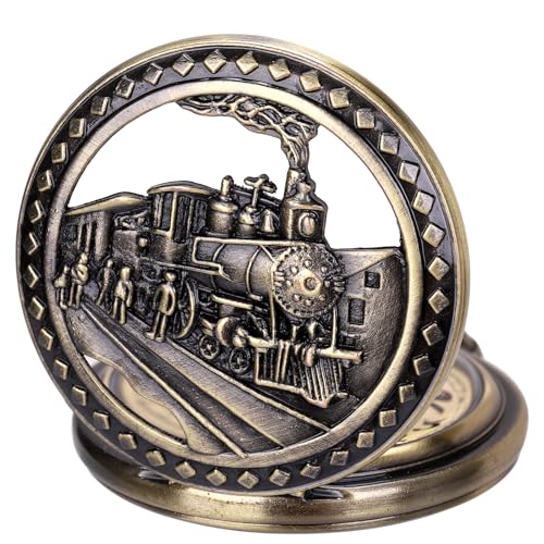 Image of SIBOSUN Antique Men Pocket Watch with Chain Oversized 50MM 1.96 Inch 3D Locomotive Steam Train Railroad Hollow + Box