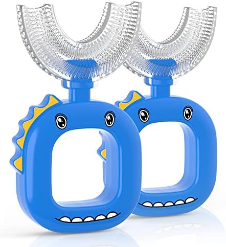 U Shaped Toothbrush - for Kids, Manual Whole Mouth Toddler Toothbrush Age 2-4 5 6 & up, Food Grade Soft Silicone Brush Head, 360° Oral Teeth Cleaning Design, Good for Children's Dental Health, 2 Blue