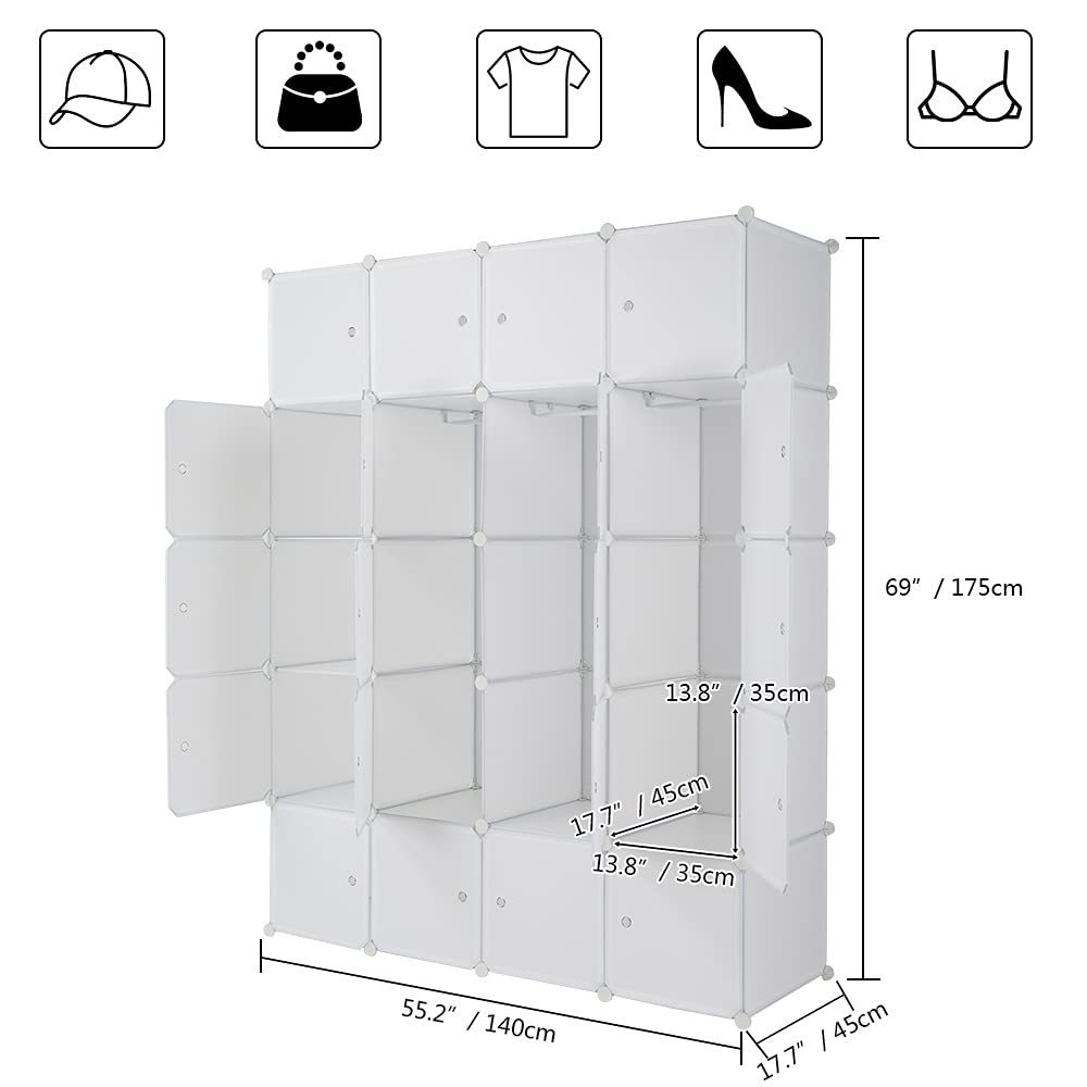 Bonnlo Kleiderschrank aus Kunststoff, DIY Regalsystem, Tragbarer Garderobenschrank, Regal mit Türen, Steckregal 20 Würfel, mit 3 Kleiderstange, Weiß, 142x47x178cm
