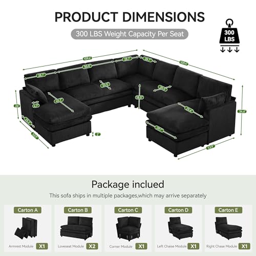 Image of 110 inch Sectional Couches with Double Chaises, Comfy Deep Dual-Layer Cushion Couch, 9 Seater Oversize Couch, Modern Modular Sofa, Corduroy Sofas for Living Room, Apartment, Black
