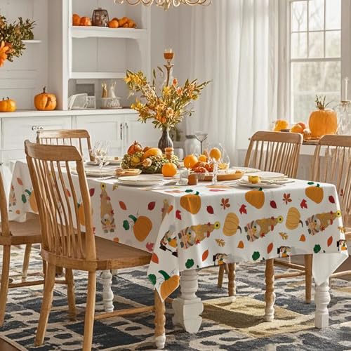 SASTYBALE Thanksgiving Tablecloth Rectangle, Fall Turkey Pumpkin Table Cloth Washable, Stain Resistant Polyester Autumn Table Cover for Harvest Farmhouse Parties Dinner Decor (Rectangle, 52"