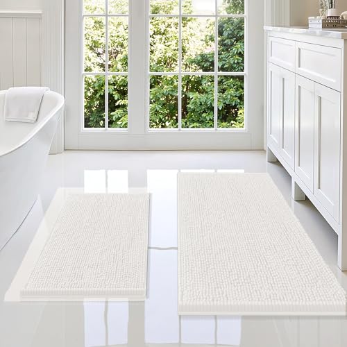 Image of Smiry Bathroom Rugs Sets 2 Piece, Soft Absorbent Chenille Machine Washable Non Slip Shaggy Bath Rug Set for Tub, Shower, and Floor (36x24+24x16, Ivory)