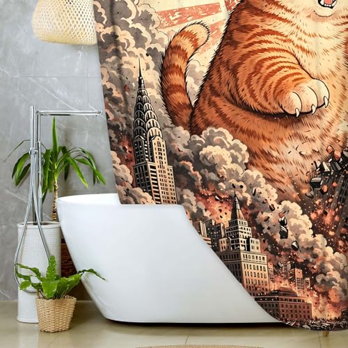 Image of Funny Chubby Orange Cat Monster Shower Curtain, Vintage Japanese Sunset Cityscape Anime Bathroom Decor, Waterproof Fabric Bath Curtain, Fun Animal Shower Curtain for Kid Bathroom, 72x72 Inches