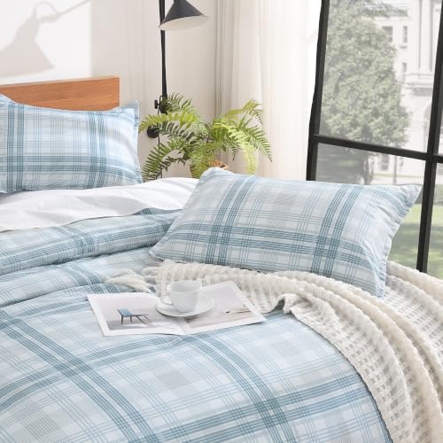 Image of Andency Blue Grey Comforter Set Full(79x90 Inch), Gingham Checkered Grid Stripes Bedding Comforter Sets for Boys Girls Kids, 3 Pieces Preppy Geometric Line Soft Lightweight Reversible Bed Set as Gift