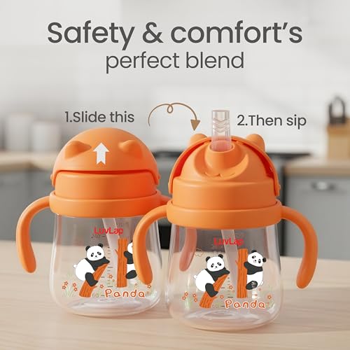 Image of LuvLap Joy Anti Spill Sipper for Kids with Twin Easy-Grip Handles, 270 ml, Sippy Cups with Soft Silicone Straw, Training Cup for Kids,Water Bottle, Non-Toxic & BPA Free, 1 Year+ (Orange)