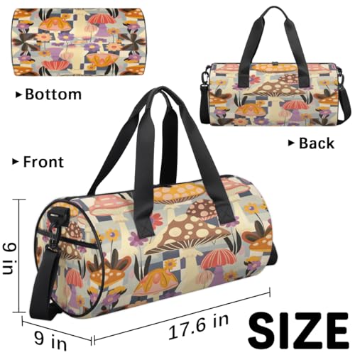 Mushroom Flowers Round Barrel Sports Fitness Bag, Travel Luggage Bag, Reusable Handbag, Suitable For Men and Women3