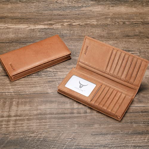 Image of HISCOW Full Grain Leather Men's Long Wallet, 15 Card Slots, Aniline Leather Tan, One Size, Classic | Gusseted bill compartment, tall bifold design, clear ID window, ideal for coat pockets or briefcases, turned-edge, gift box