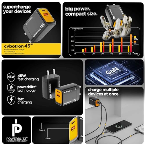 Image of Nu Republic Cybotron GO 45W GaN Wall Charger, Dual Port USB-C PD & USB-A QC3.0, PowerBlitz Fast Charging for Smartphones, Tablets & Laptops (Black)