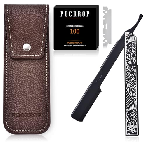Coupe-choux Professionnel pour Homme – Rasoir Droit de Barbier pour Rasage Traditionnel – Inclus 100 Lames en Acier Suédois & Étui en Cuir PU – Coffret...