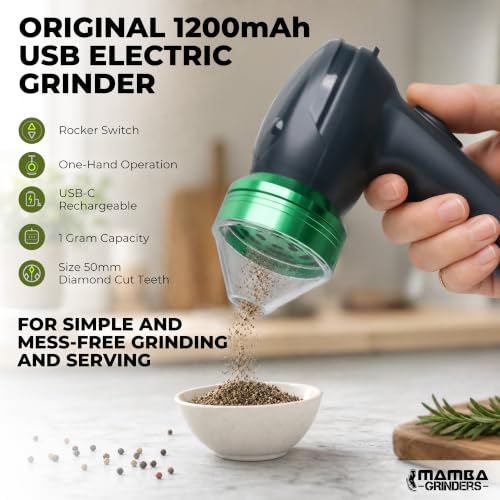 Image of Mamba Original USB One-Hand Spice Grinder with Aluminum Teeth, Gray | Aluminum teeth, one-handed prep, clear cone spout, USB cable, cleaning tools, reverse grinding, portable convenience
