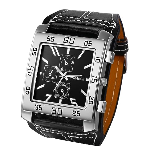 JewelryWe Uhren Herren Leder Quadrat - Retro Punk Analog Quarz Armbanduhr Männer Große Uhr mit Schwarzem Rechteckigen Zifferblatt und Breit Leder Armband