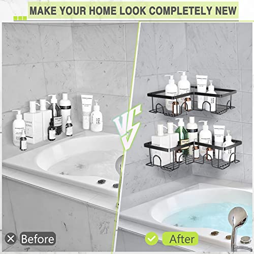 Jofunbeau Corner Shower Shelf, 3 Pack Adhesive Shower Caddy With Soap Holder&2 Hooks&Hairdryer Shelf,Rustproof Shower Shelves Storage Organizer Rack For Inside Shower Bathroom Kitchen(Matte Black) #TOP5
