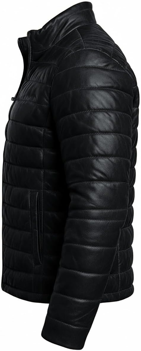 Men’s Puffer Down Lambskin Leather Jacket - Distressed Brown Quilted Bomber Coat - Image 4